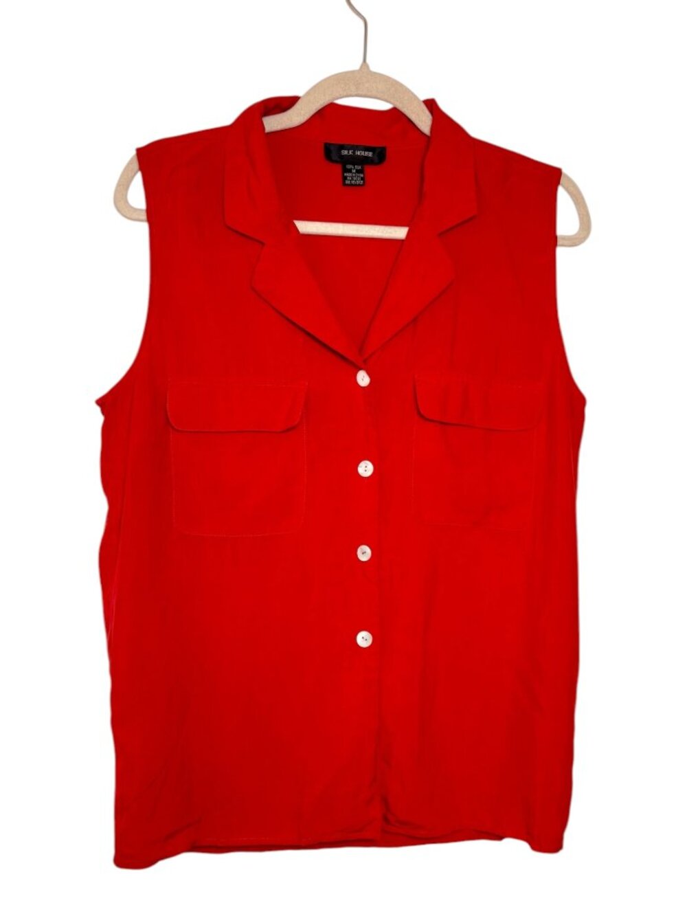 Vintage Silk House Red 100% Silk Sleeveless Blouse Classic Chic Medium